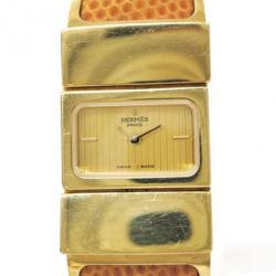 Pre Owned Hermes Loquet Wristwatch GP Leather Gold Brown Ladies