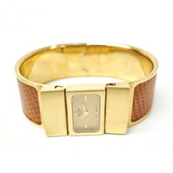 Pre Owned Hermes Loquet Wristwatch GP Leather Gold Brown Ladies