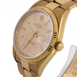 Pre Owned Rolex Oyster Perpetual Date 18 K Yellow Gold Womens Wristwatch 34 MM
