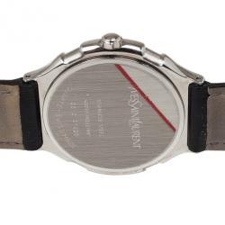 Yves Saint Laurent SS Leather Silver Trim Womens Wristwatch 36 MM