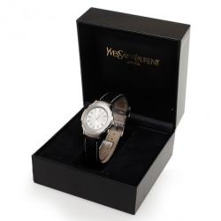 Yves Saint Laurent SS Leather Silver Trim Womens Wristwatch 36 MM