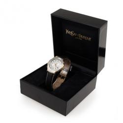 Yves Saint Laurent SS Leather Gold Trim Womens Wristwatch 36 MM