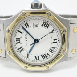 Pre Owned Cartier Santos Octagon 18 K Yellow Gold Steel Unisex Wristwatch 30 MM