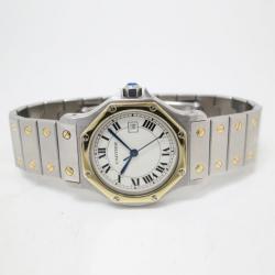 Pre Owned Cartier Santos Octagon 18 K Yellow Gold Steel Unisex Wristwatch 30 MM