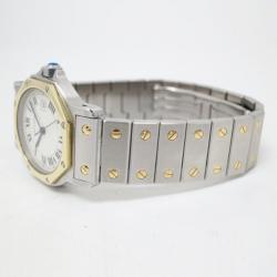 Pre Owned Cartier Santos Octagon 18 K Yellow Gold Steel Unisex Wristwatch 30 MM