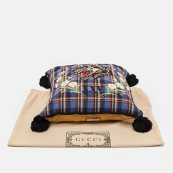 Gucci Blue Tiger Embroidered Tartan Wool Blend Cushion