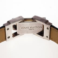 Pre Owned Louis Vuitton Black Leather Silver Clasp Unisex Bracelet 18 CM