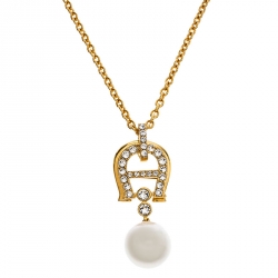Pre Owned Aigner Crystal Faux Pearl Gold Plated Long Pendant Necklace