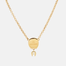 Pre Owned Aigner Gold Tone Mother of Pearl Crystal Logo Pendant Necklace
