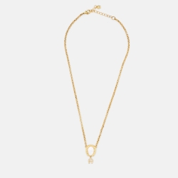 Pre Owned Aigner Gold Tone Mother of Pearl Crystal Logo Pendant Necklace