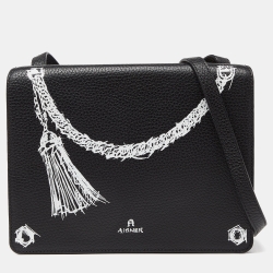 Pre Owned Aigner Black Leather Flap Crossbody Bag