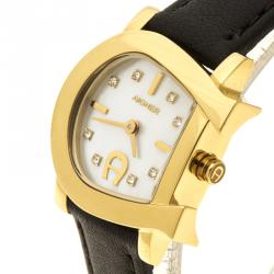 Pre Owned Aigner White Mother of Pearl Gold Plated Stainless Steel Genua Due A31000 Women's Wristwatch 26 mm