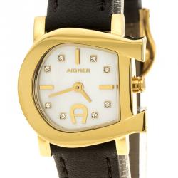 Pre Owned Aigner White Mother of Pearl Gold Plated Stainless Steel Genua Due A31000 Women's Wristwatch 26 mm