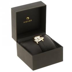 Pre Owned Aigner White Mother of Pearl Gold Plated Stainless Steel Genua Due A31000 Women's Wristwatch 26 mm