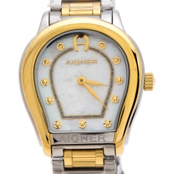 Pre Owned Aigner Mother of Pearl Two-Tone Stainless Steel Vicenza A111212 Women's Wristwatch 30 mm