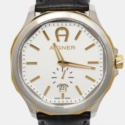 Aigner Silver Two Tone Stainless Steel Leather Sorrento A110100 Men's Wristwatch 44 mm