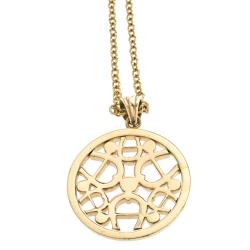Pre Owned Aigner Crystal Circular Pendant Gold Tone Chain Necklace