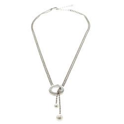 Aigner Faux Pearl Beaded Silver Tone Lariat Loop Necklace