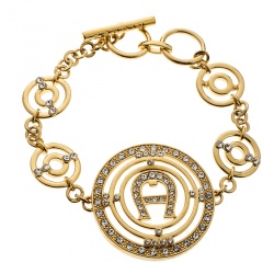 Pre Owned Aigner Crystal Studded Gold Tone Toggle Bracelet