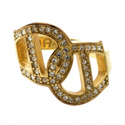 Pre Owned Aigner Interlocking Logo Crystal Gold Tone Ring Size 52