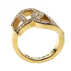 Pre Owned Aigner Interlocking Logo Crystal Gold Tone Ring Size 52