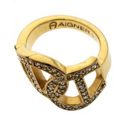 Pre Owned Aigner Interlocking Logo Crystal Gold Tone Ring Size 52