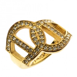 Pre Owned Aigner Interlocking Logo Crystal Gold Tone Ring Size 52