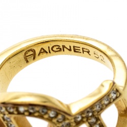 Pre Owned Aigner Interlocking Logo Crystal Gold Tone Ring Size 52