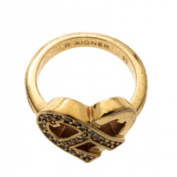 Pre Owned Aigner Heart Crystal Gold Tone Ring Size 52