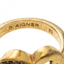 Pre Owned Aigner Heart Crystal Gold Tone Ring Size 52