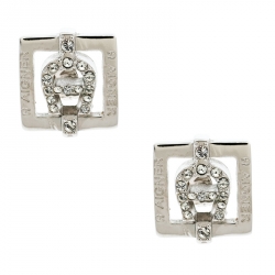 Pre Owned Aigner Logo Crystal Studded Silver Tone Stud Earrings