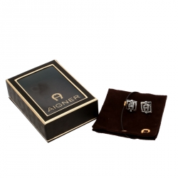 Pre Owned Aigner Logo Crystal Studded Silver Tone Stud Earrings