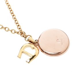 Pre Owned Aigner Logo Crystal Two Tone Metal Pendant Necklace
