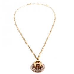 Pre Owned Aigner Logo Crystal Two Tone Metal Pendant Necklace