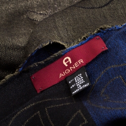 Pre Owned Aigner Olive Green Horseshoe Logo Pattern Silk and Wool Jacquard Scarf