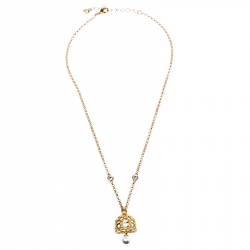 Pre Owned Aigner Faux Pearl Gold Tone Dome Earrings & Chain Necklace Set