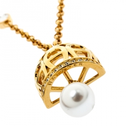 Pre Owned Aigner Faux Pearl Gold Tone Dome Earrings & Chain Necklace Set