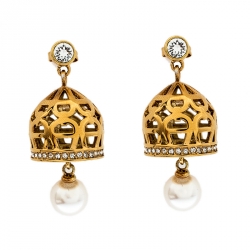 Pre Owned Aigner Faux Pearl Gold Tone Dome Earrings & Chain Necklace Set