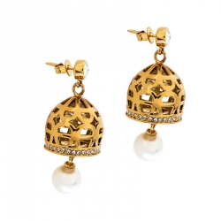 Pre Owned Aigner Faux Pearl Gold Tone Dome Earrings & Chain Necklace Set