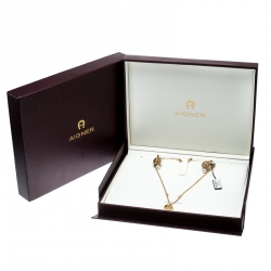 Pre Owned Aigner Faux Pearl Gold Tone Dome Earrings & Chain Necklace Set