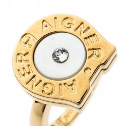 Aigner Gold Plated Crystal Studded Mother of Pearl Ring Size 54