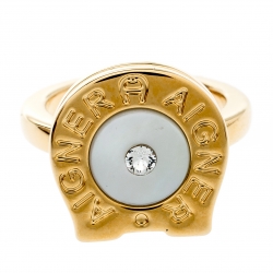 Aigner Gold Plated Crystal Studded Mother of Pearl Ring Size 54