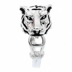 Pre Owned Aigner Silver Tone Tiger Head Crystal Studded Ring Size 56