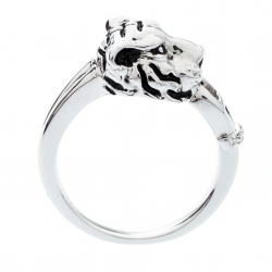 Pre Owned Aigner Silver Tone Tiger Head Crystal Studded Ring Size 56