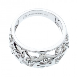 Aigner Crystal Studded Cutwork Silver Tone Ring Size 52