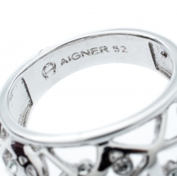Aigner Crystal Studded Cutwork Silver Tone Ring Size 52
