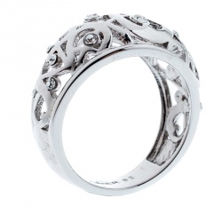 Aigner Crystal Studded Cutwork Silver Tone Ring Size 52