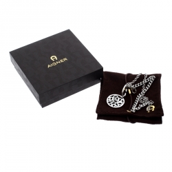 Pre Owned Aigner Silver Plated Circular Crystal Embellished Logo Double Chain Bracelet