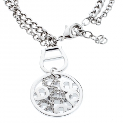 Pre Owned Aigner Silver Plated Circular Crystal Embellished Logo Double Chain Bracelet