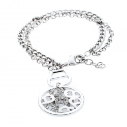 Pre Owned Aigner Silver Plated Circular Crystal Embellished Logo Double Chain Bracelet
